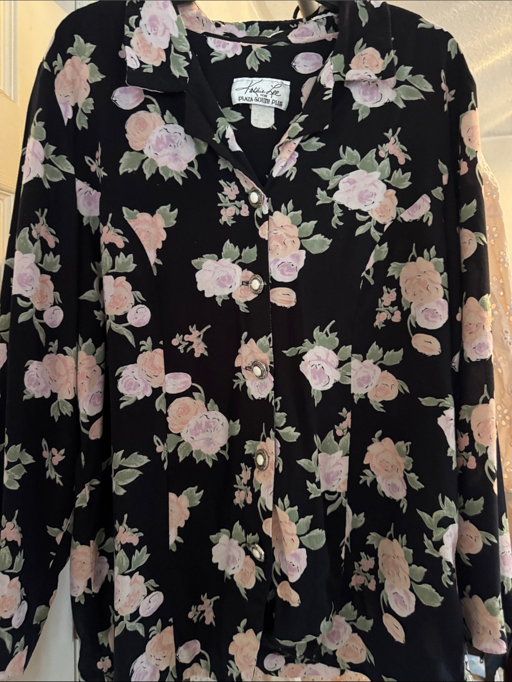 Kathie Lee Collection Black Floral Button-Front Blouse
